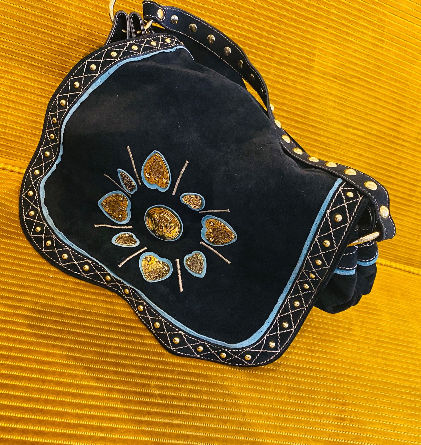 2000S Gucci Blue Suede Stud Large Shoulder Hobo Bag - STYLE-CHNGR