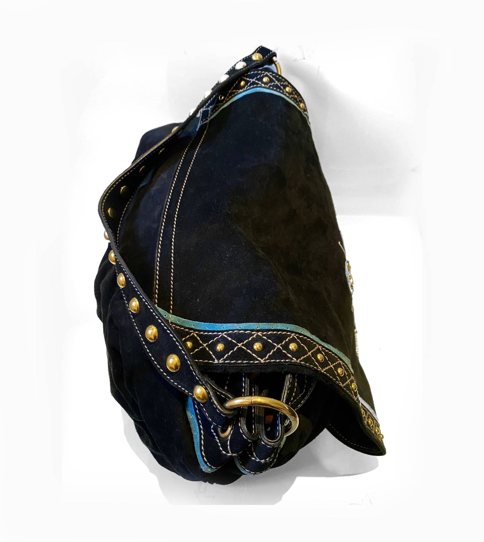 2000S Gucci Blue Suede Stud Large Shoulder Hobo Bag - STYLE-CHNGR
