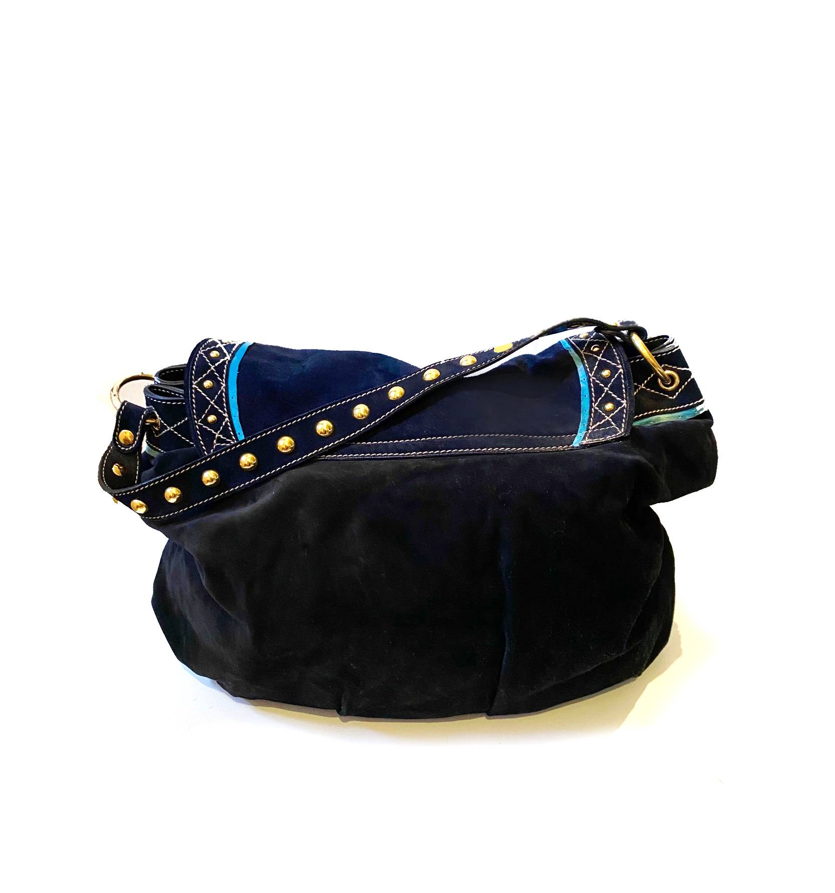 2000S Gucci Blue Suede Stud Large Shoulder Hobo Bag - STYLE-CHNGR