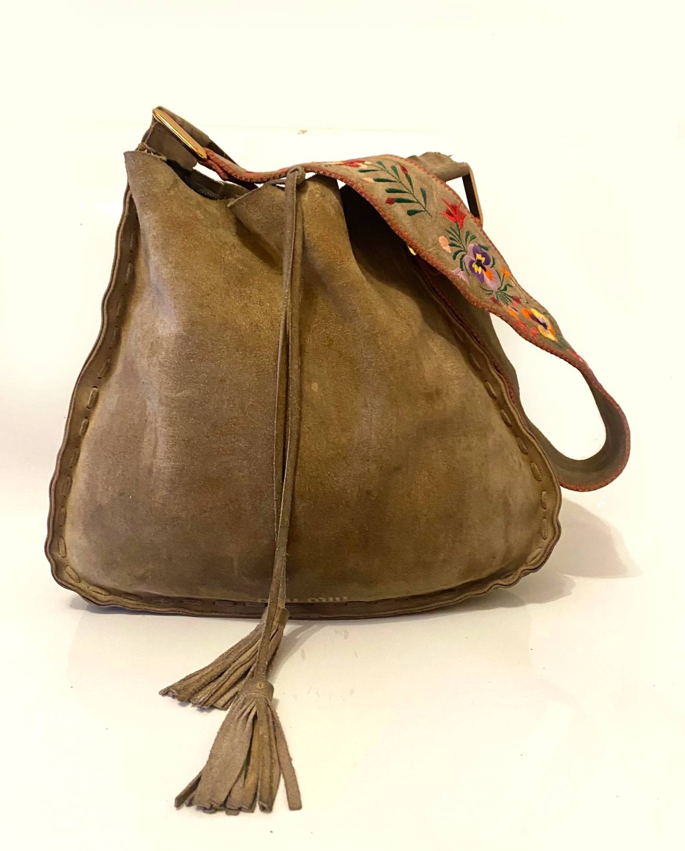1990s Miu Miu Brown Suede Flower Embroidered Shoulder Bag - STYLE-CHNGR
