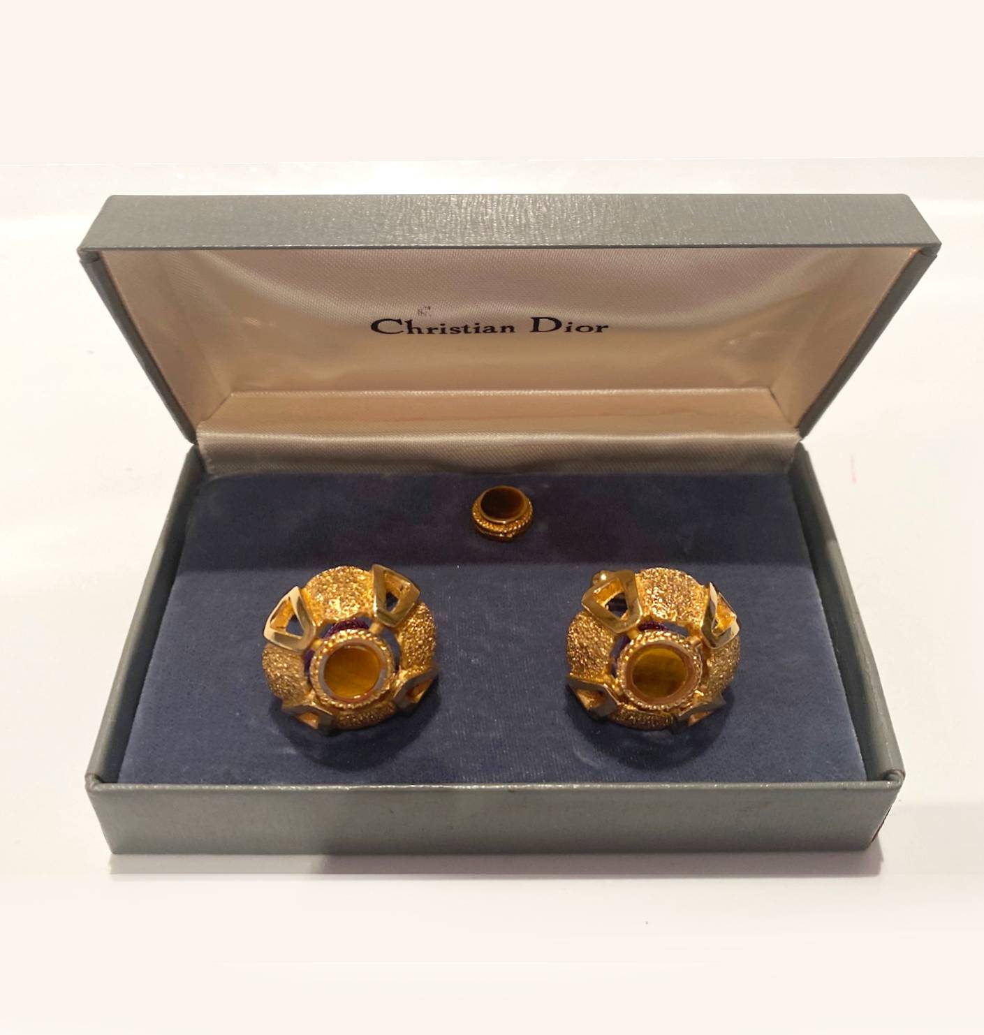 1980s Christian Dior Gold Plated Tiger's Eye Cufflinks - STYLE-CHNGR