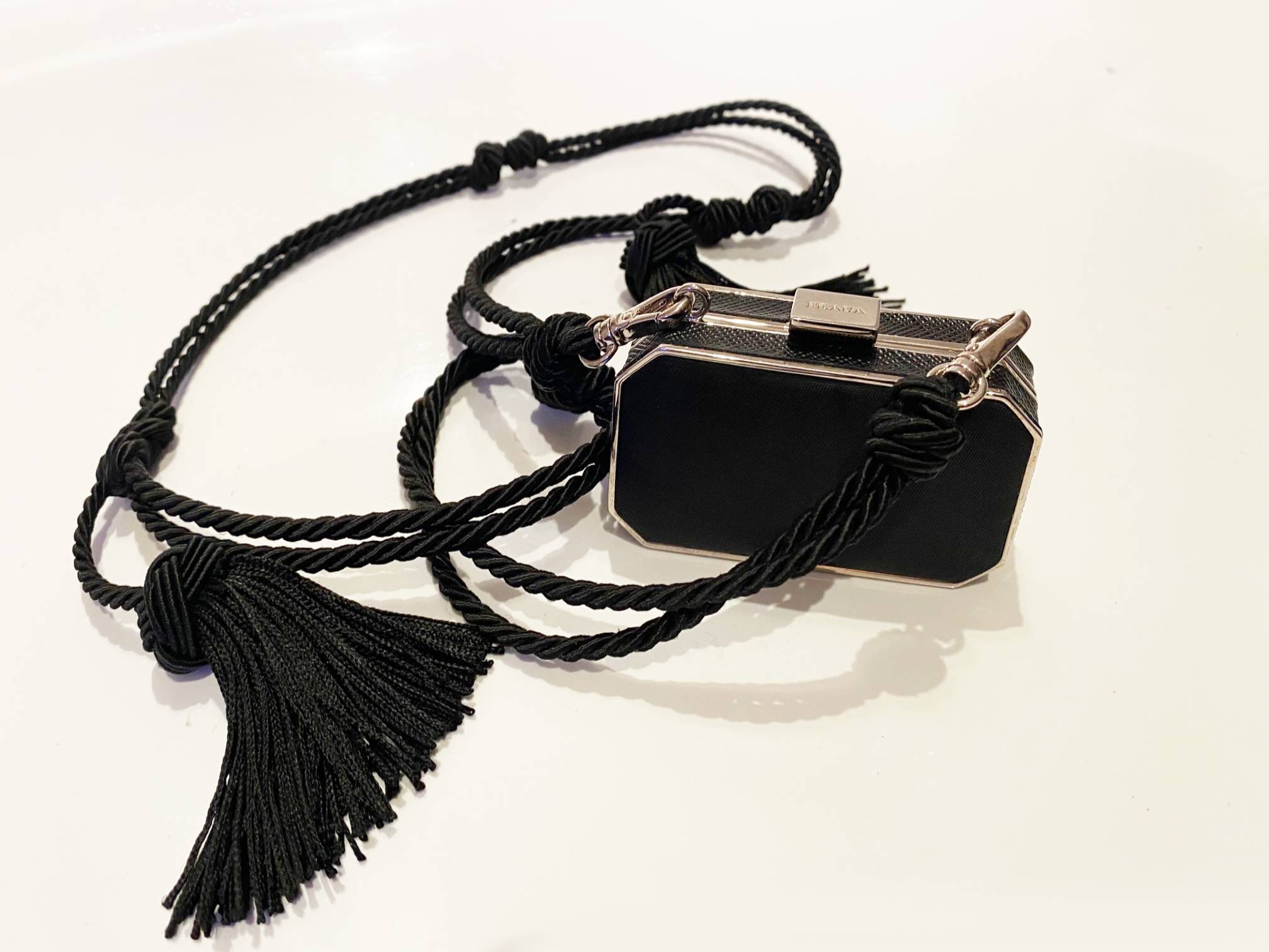 2000s Prada Mini Clutch Bag with Tassel Cord Strap and Mirror - STYLE-CHNGR