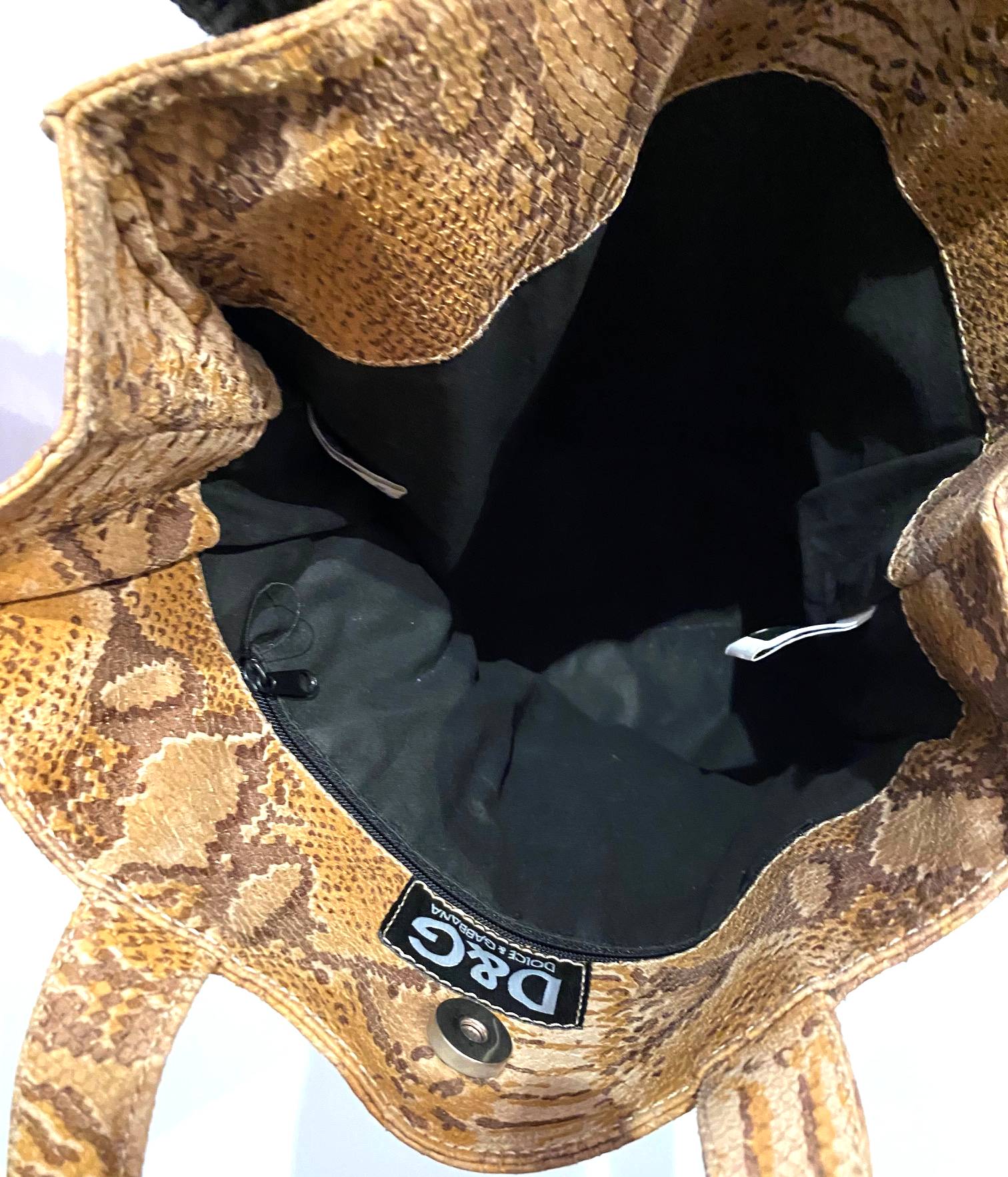 1990s D&G by Dolce Gabbana Brown Leather Snake Print Shopper Tote Bag - STYLE-CHNGR