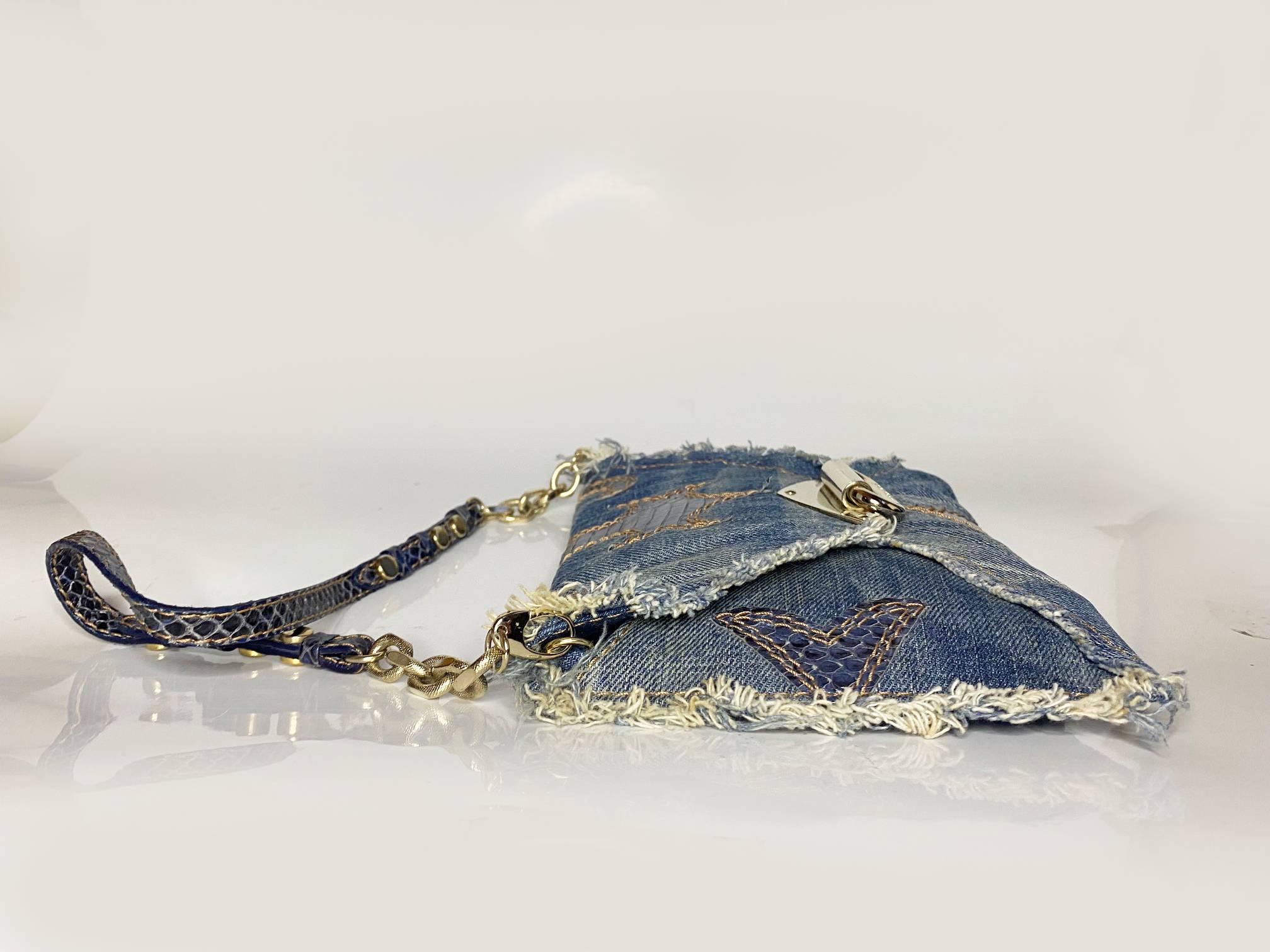 2000s Jimmy Choo Blue Denim Leather Shoulder Clutch bag with strap - STYLE-CHNGR