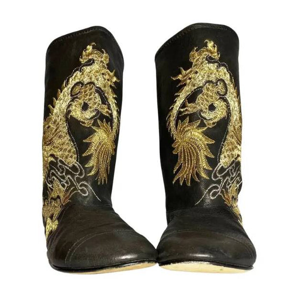 2000s Giuseppe Zanotti Embroidered Dragon Black Leather Calf Boots - STYLE-CHNGR