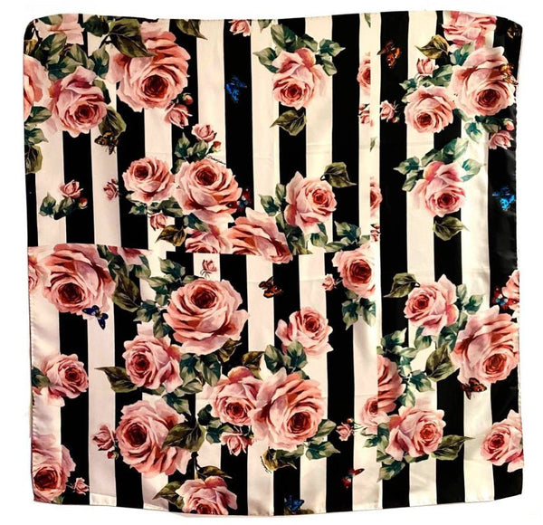 Dolce & Gabbana Large Twill Stripe Silk Scarf with Pink Rose Print - STYLE-CHNGR