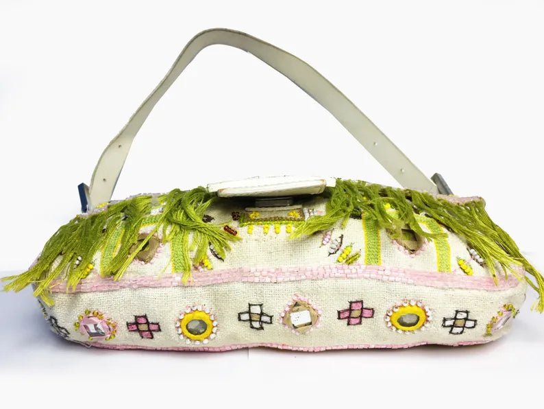 2000s FENDI WHITE Canvas Embroidered Mirror FRINGE BAGUETTE BAG - STYLE-CHNGR