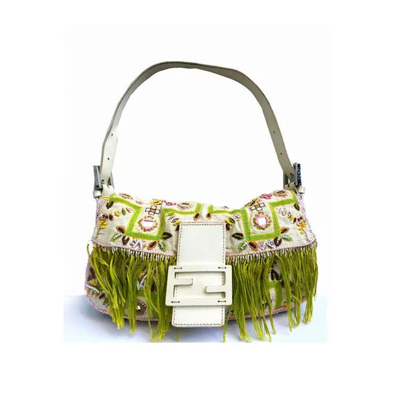 2000s FENDI WHITE Canvas Embroidered Mirror FRINGE BAGUETTE BAG - STYLE-CHNGR