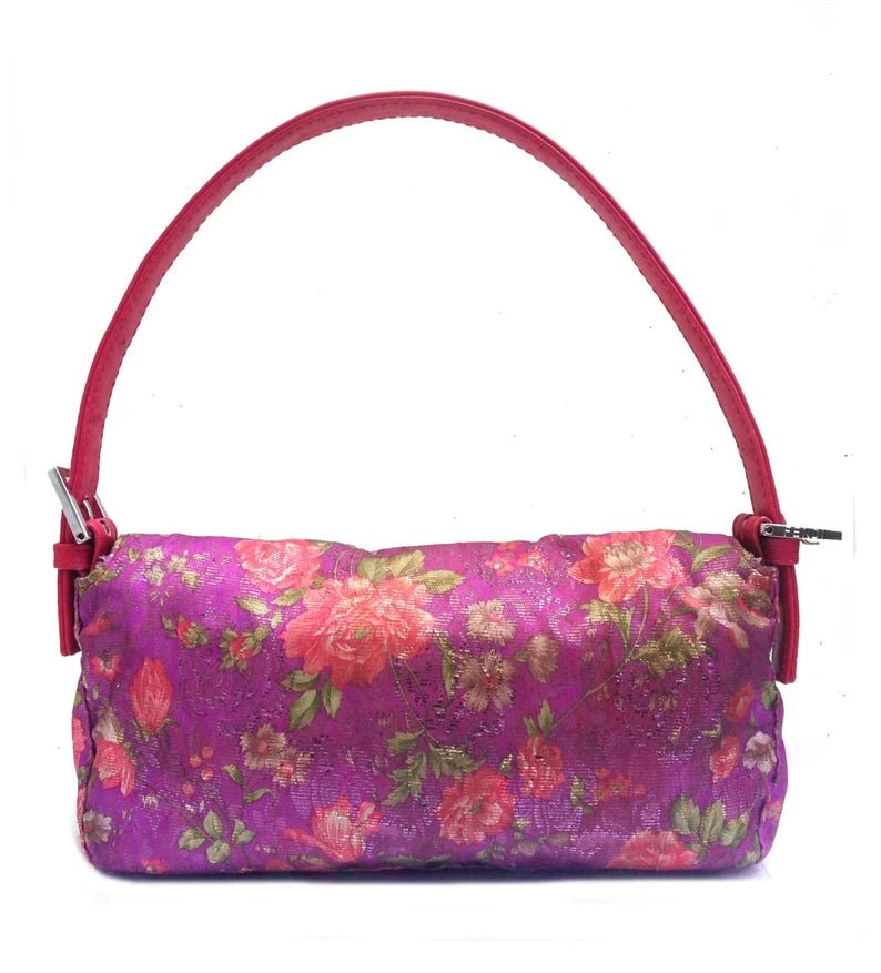 2000S Fendi pink flower print satin baguette bag with leather strap - STYLE-CHNGR