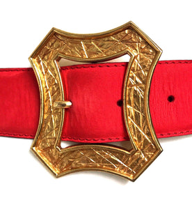 1980s Yves Saint Laurent Red Suede Gold Buckle High Waist Belt