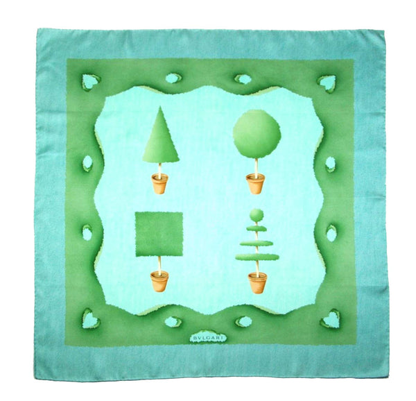 1990s Bvlgari by Davide Pizzigoni Green Silk Vases and Plants Babushka Scarf - STYLE-CHNGR