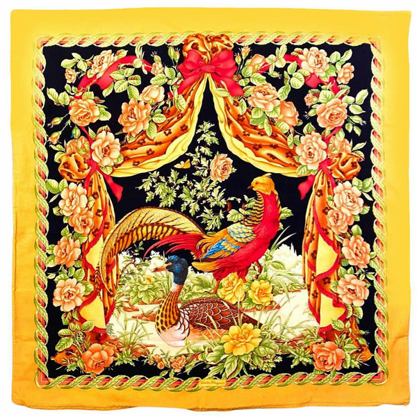 1990s Salvatore Ferragamo Birds and Flowers Large Floor Cushion Cover - STYLE-CHNGR
