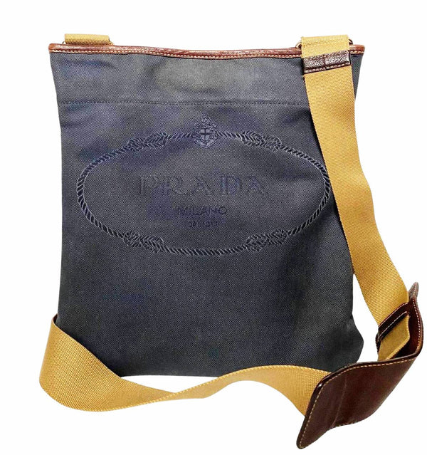 1990s Prada Denim Canvas Crossbody Messenger Logo Bag - STYLE-CHNGR