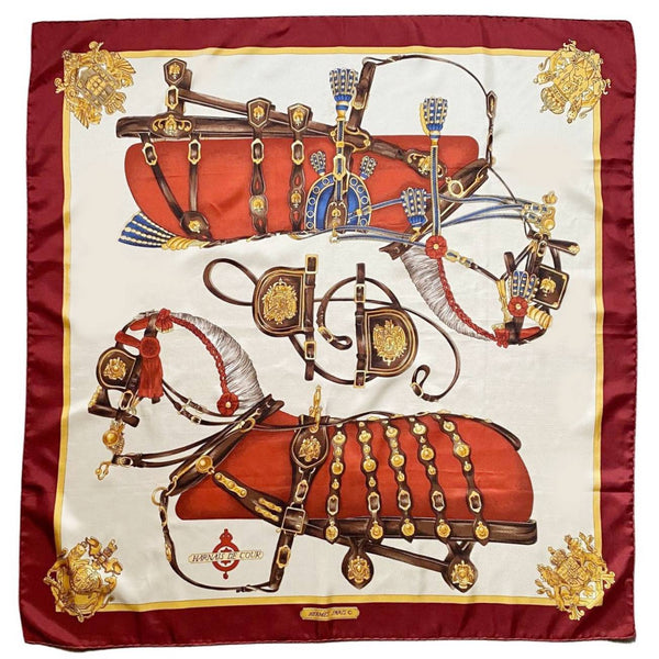 1970s HERMES Carre 90 HARNAIS DE COUR Brown Cream Silk Scarf - STYLE-CHNGR