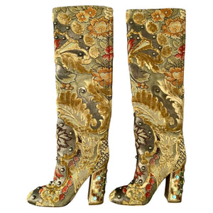 Dolce Gabbana Multicolor Brocade Fabric Over The Knee Boots