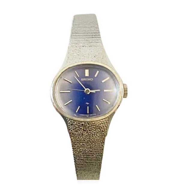 1970s Seiko Blue Oval Dial Steel Mesh Wristband Jewel Watch - STYLE-CHNGR