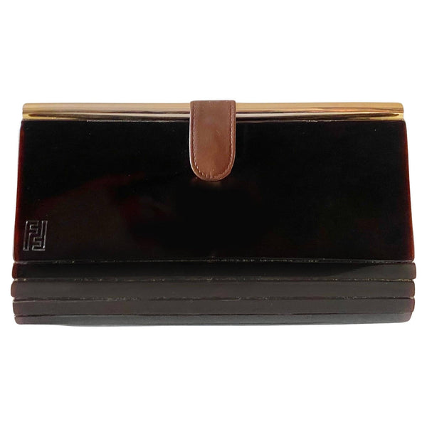1970s Fendi Brown Envelope Bakelite FF Engraved Logo Clutch Bag - STYLE-CHNGR