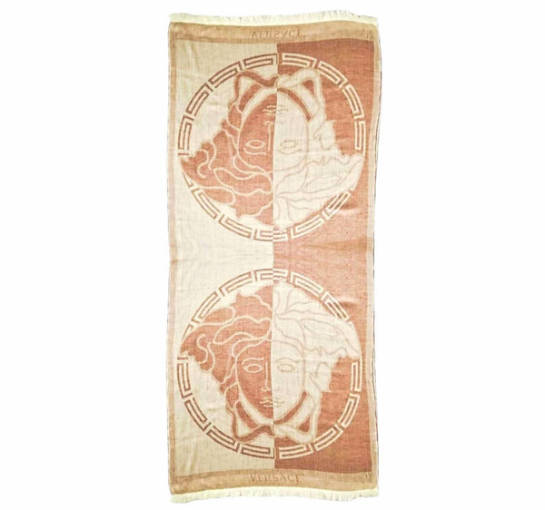 2000s VERSACE DOUBLE MEDUSA PINK CREAM WOOL FRINGED SHAWL - STYLE-CHNGR